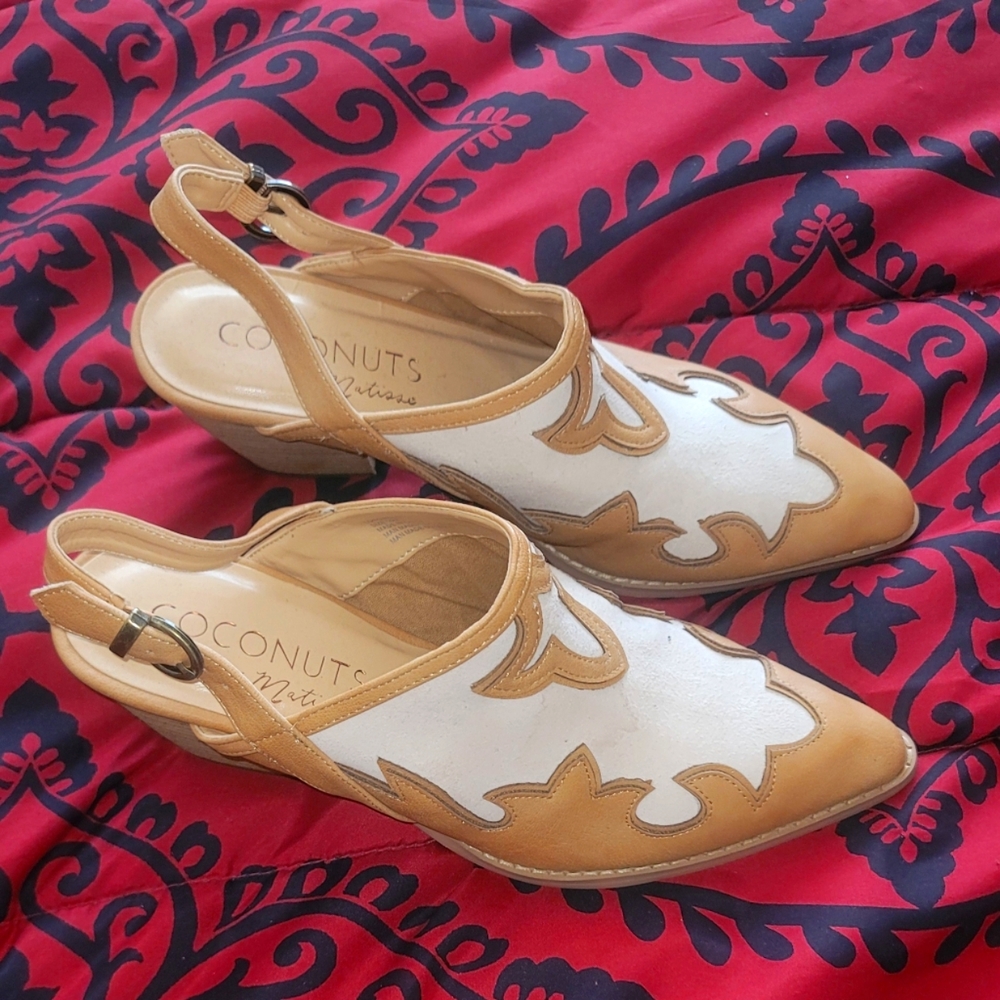 Coconut Western sling enclosed toe sandals. 2 1/2 inch heel. Camel and cream